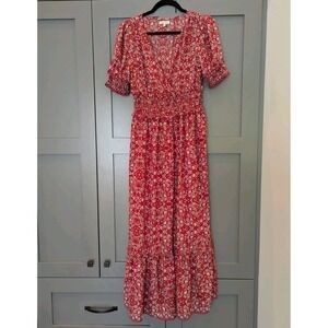Max Studio Tiered Boho Red Floral Puff Sleeve Maxi Dress Sz M Ruffles Feminine
